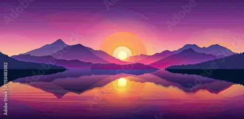 A flat design of a purple sunset, with mountains in the background, creating a relaxing and scenic view.
