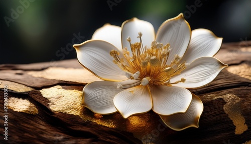 a close up of a white and gold flower on a piece of wood