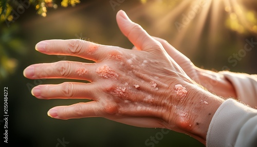 skin inflammation and discomfort from eczema and psoriasis on hands during daytime outside