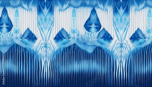 abstract blue and white vertical tie dye pattern with symmetrical shapes and bleached lines