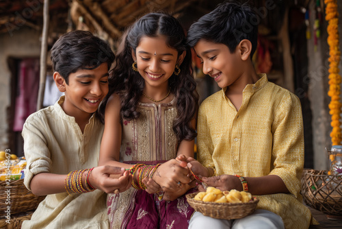 Beautiful Raksha Bandhan festival celebration featuring a loving brother and sister celebrating the sacred bond of siblings, with traditional rakhi, festive decorations, gifts, sweets, and a warm fami