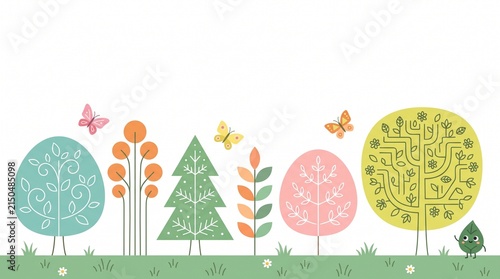 Stylized forest illustration with colorful trees and butterflies on white background