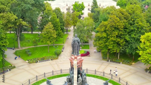 Krasnodar, Russia. Monument to Empress Catherine II in Catherine Square. Drone footage, Departure of the camera