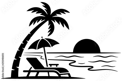 Summer vacation beach scene icon with palm tree lounge chair and sunset ocean view art.