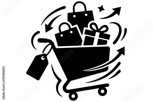 Shopping cart full of bags and gifts with arrows for commerce and sales.