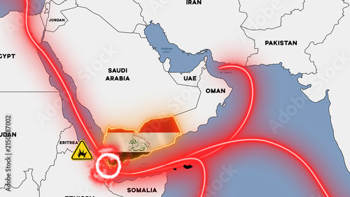 Illustration of the Middle East map showing the Yemen crisis. Trade routes are marked with red lines following the closure of the strait by Yemen.