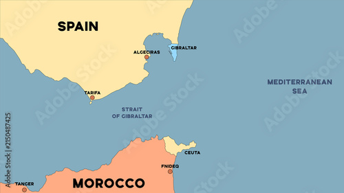 Illustration of a map showing southern Spain, northern Morocco, and the Strait of Gibraltar between them, depicting the migration crisis in Ceuta.