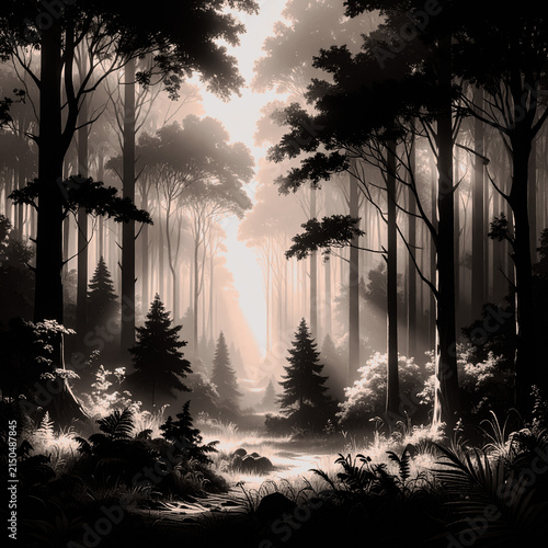 Sunrise on a misty morning in the forest
