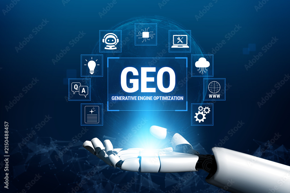 Fototapeta premium Futuristic Artificial Intelligence Concepts and Tools for Generative Engine Optimization with Digital Icons in a Technological Setting Fluxor.