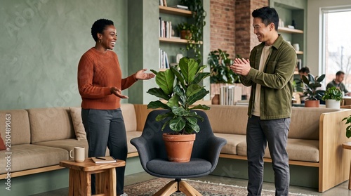 Coworkers celebrate a houseplant promoted to the best chair