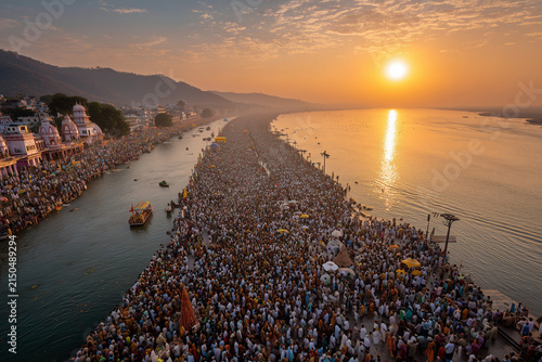 Devotional Sawan and Kanwar Yatra concept showcasing Hindu pilgrims carrying decorated Kanwar, walking with devotion during the holy month of Sawan. The scene represents faith, spirituality, Lord Shiv