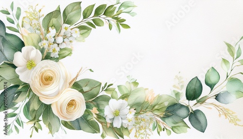 spring floral wedding bouquet white cream pastel watercolor corner banner elegant wreath frame