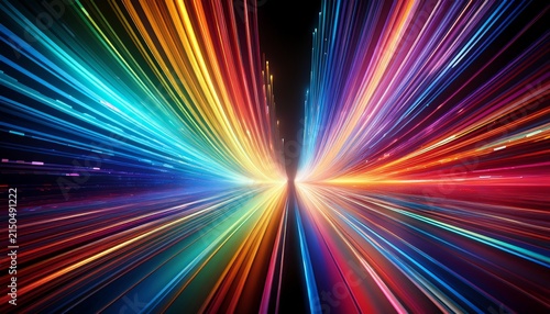 a vibrant digital image of multicolored optical fiber light streaks radiating outward symbolizing high speed internet and data transmission