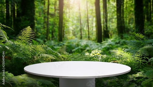 round white table in a lush green forest