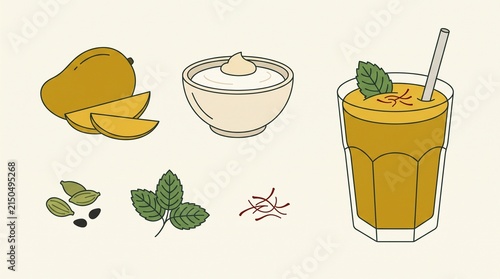 Vegan Mango Lassi Recipe Illustration with Ripe Mango, Plant Based Yogurt, Cardamom, Mint and Saffron Surrounding Traditional Golden Indian Drink