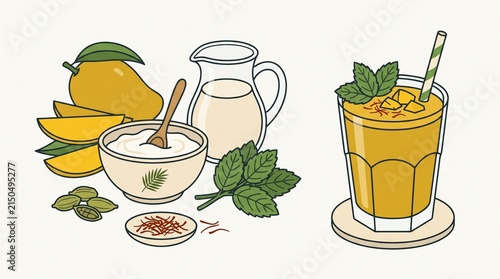 Vegan Mango Lassi Ingredient Illustration with Mango, Plant Based Yogurt, Milk, Mint, Cardamom and Saffron beside Golden Smoothie in Glass