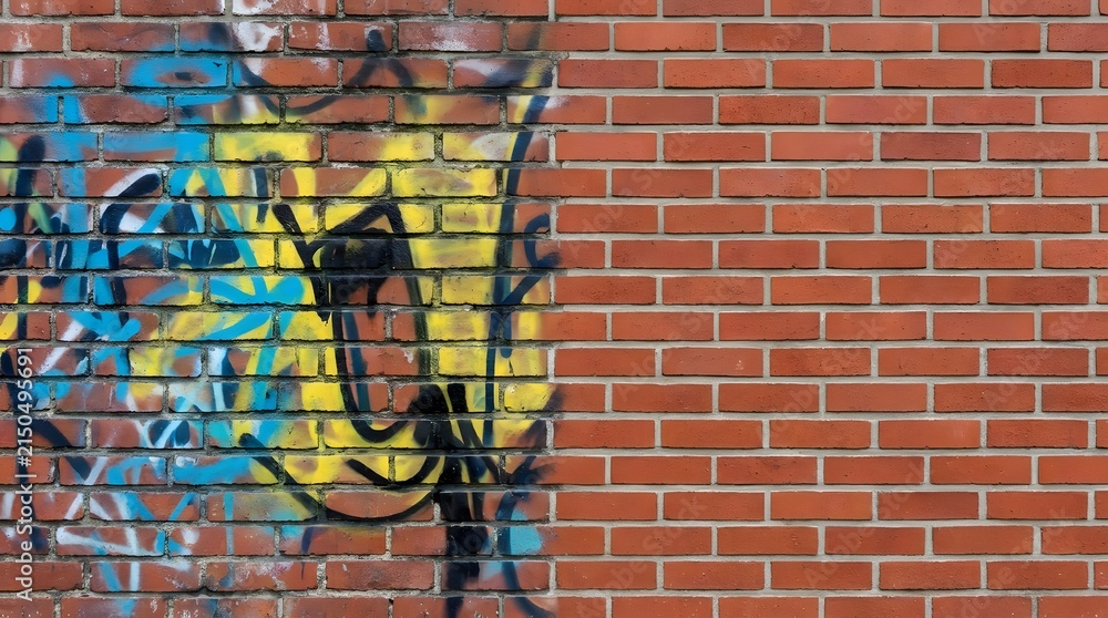 Naklejka premium Urban brick wall texture showing contrast between colorful street art graffiti and clean restored red bricks