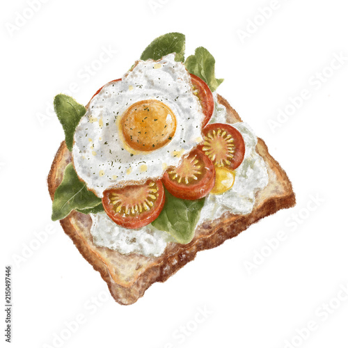 Watercolor Toast with Fried Egg, Tomato and Fresh Greens Illustration