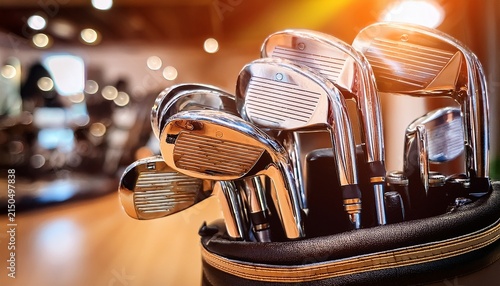 close up of golf clubs in a sports shop showcasing shiny metal heads and grips in warm lighting perfect for those passionate about golf and leisure activities