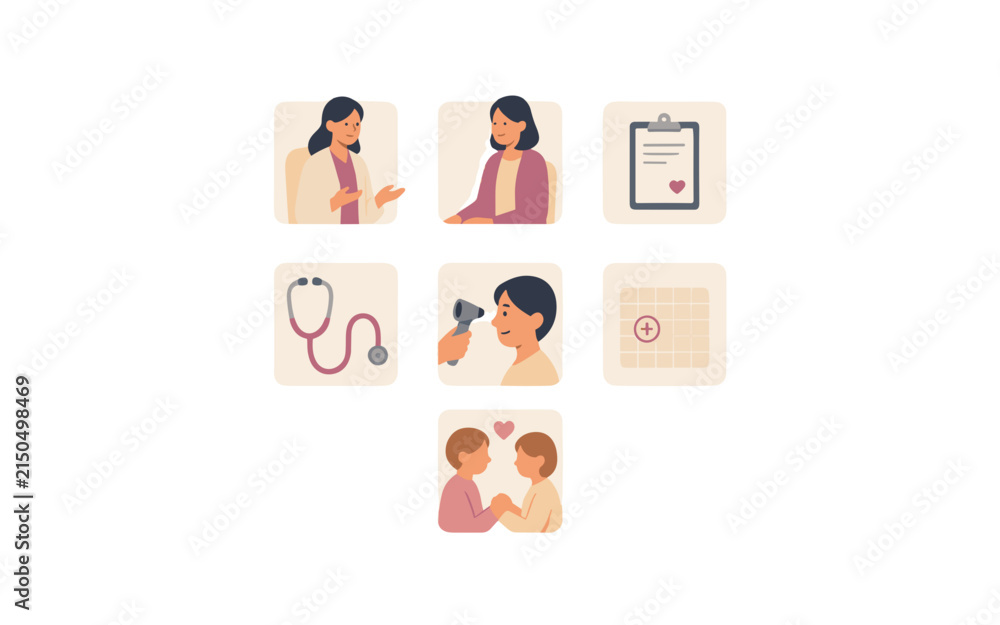 Fototapeta premium A collage of medical icons, showcasing doctor-patient interaction, medical equipment, and patient care.