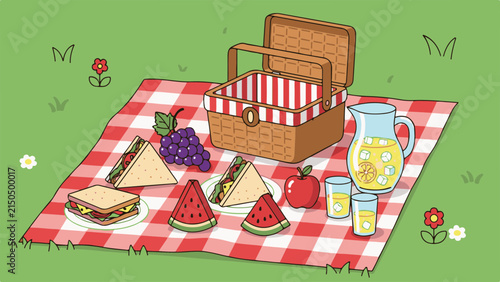 Cartoon picnic setup featuring a wicker basket, fresh fruits, sandwiches, and drinks on a checkered blanket outdoors.
