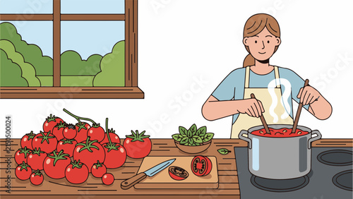 Illustrated chef preparing fresh tomato-based sauce in a cozy home kitchen with a window view.