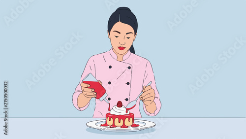 Chef in uniform carefully plates a decorated cake with red accents and utensils on a white table.