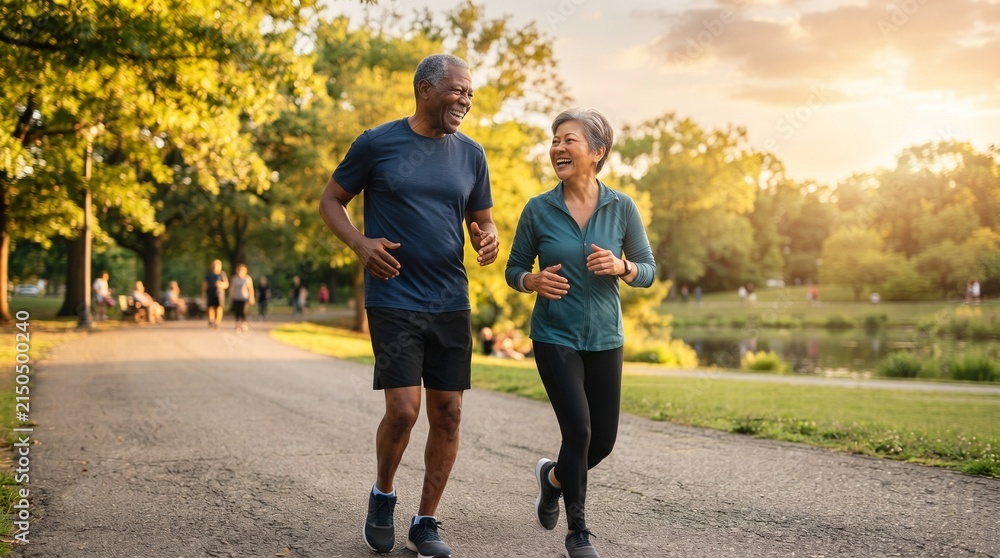 Obraz premium Active Retirement: A smiling senior couple enjoys a healthy lifestyle, jogging together along a sun-dappled park path beside a tranquil lake, embodying vitality and companionship.
