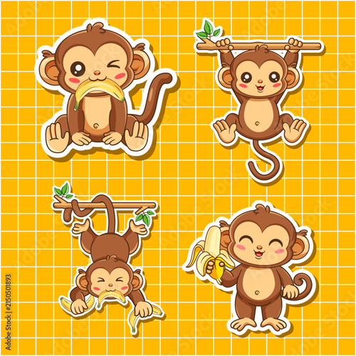 Photography Stickers Pack Cute Monkey with Banana Vector Illustration Kawaii Animal