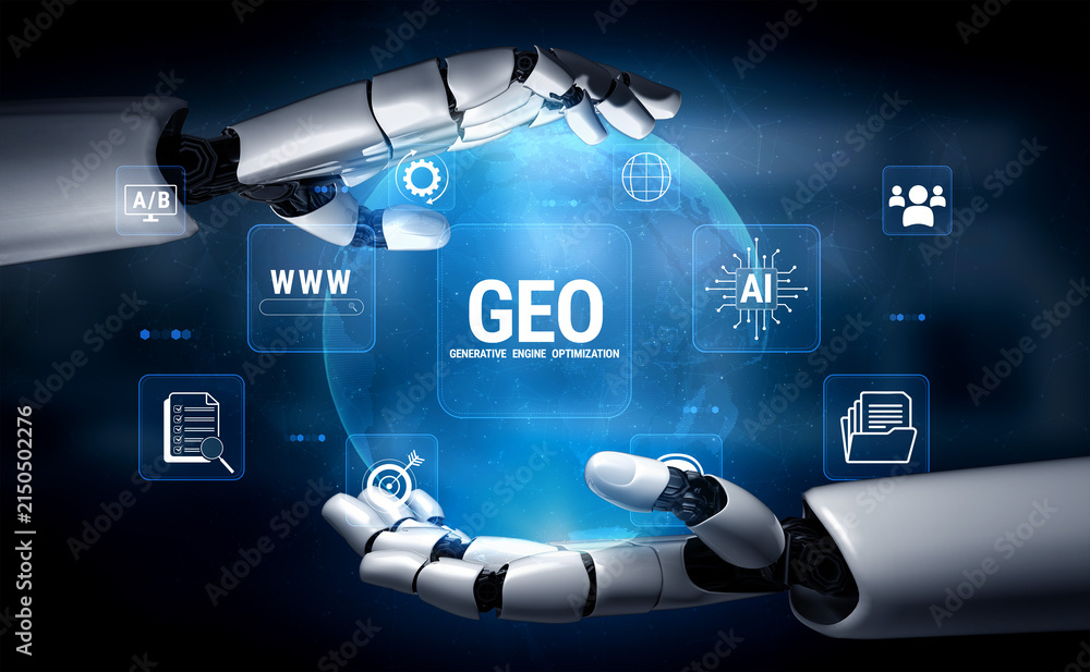 Fototapeta premium Hands of a robot interacting with a digital globe and various technology icons representing generative engine optimization and artificial intelligence concepts. Glyphic.