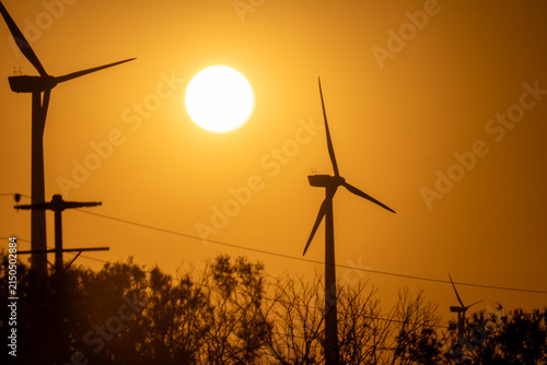 Cuadro en lienzo Wind Turbines Silhouetted Against Golden Sunset Sky with Sun