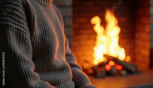 Cozy moments by the fireplace with person in warm sweater sitting close to fire. Comforting ambiance created by flickering flames and warm light. Ideal cozy setting for winter evenings and relaxation.