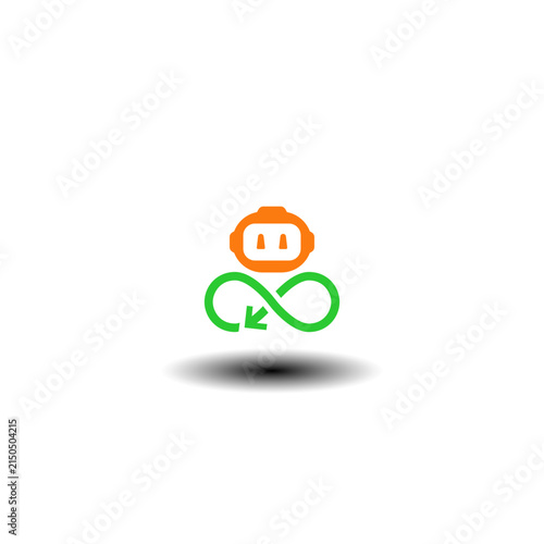 Vector illustration of infinity cycle with round arrow and robot head. Symbol of recursive self-improvement AGI technology. Icon of artificial intelligence agent.