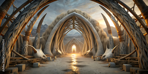 The Golden Arches of the Ancient Ice Age Settlement Monumental Ivory Rib Arches, Carved Skulls, and Straw-Thatched Passageways Leading to a Sunlit Valley