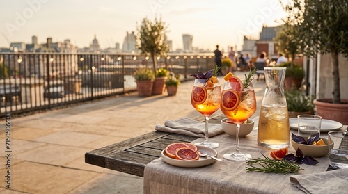 Botanical citrus aperitifs on a sunlit rooftop terrace table