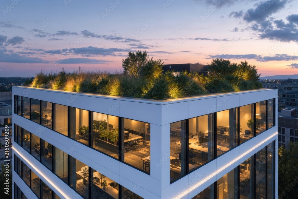Fototapeta premium Modern office building with green rooftop garden and glass facade at sunset building architecture exterior
