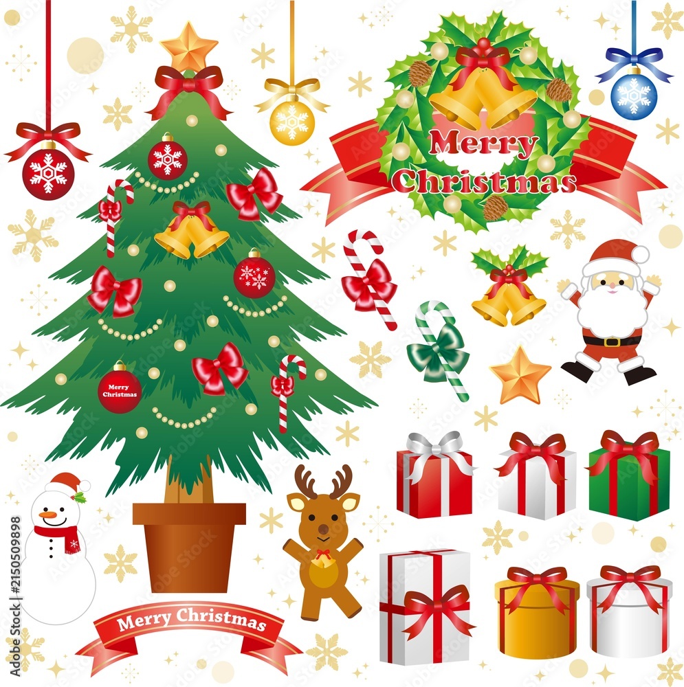 Fototapeta premium A set of Christmas illustration assets, including Christmas trees, Santa Claus, and presents.