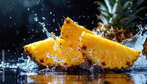 Fresh pineapple slices with splashing water on dark background, healthy fruit hydration concept, tropical food photography