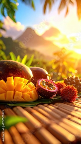 Fresh tropical mango and passion fruit on wooden table with blurred mountains in golden sunset light, summer harvest
