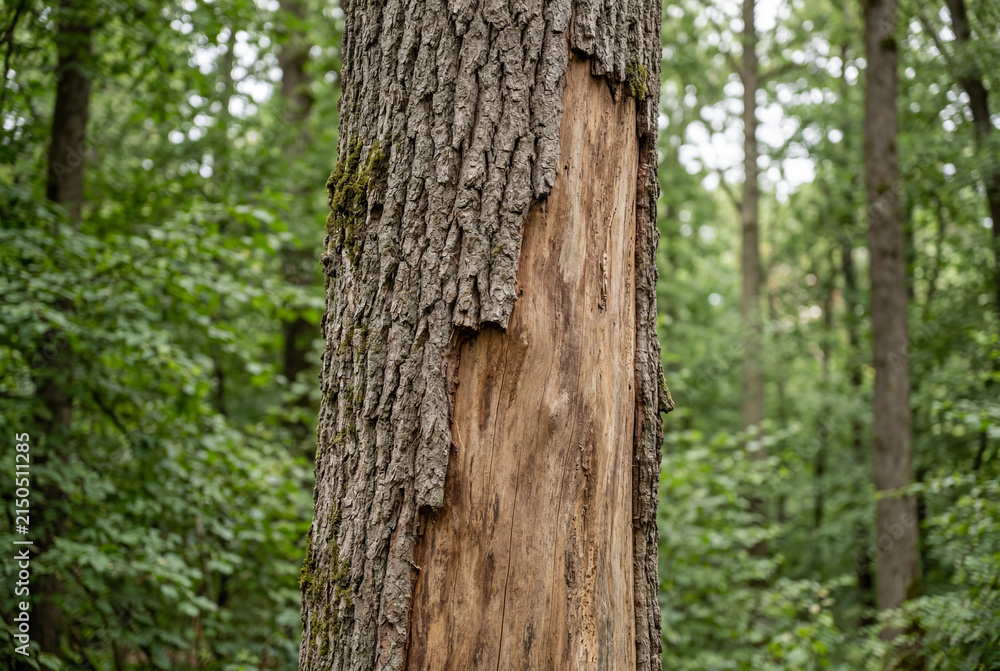 Obraz premium Damaged tree trunk missing bark in lush green summer forest