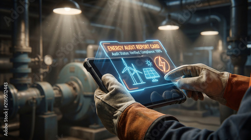 Industrial energy audit tablet held by factory worker, showing green compliance report with wind turbine and solar panel icons in a dimly lit manufacturing plant.