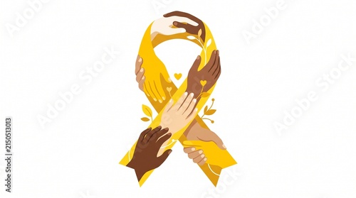 Yellow Awareness Ribbon Formed by Diverse Human Hands for Mental Health Support and Suicide Prevention