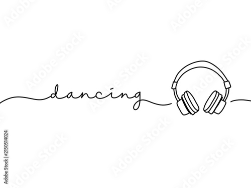 Minimalist line art of headphones with dancing text
