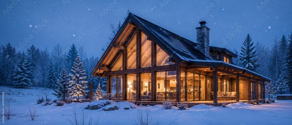 Obraz premium Panoramic view of a modern timber cabin with glowing interior lights and large glass windows, nestled in a snow-covered pine forest at twilight with falling snow and warm ambiance