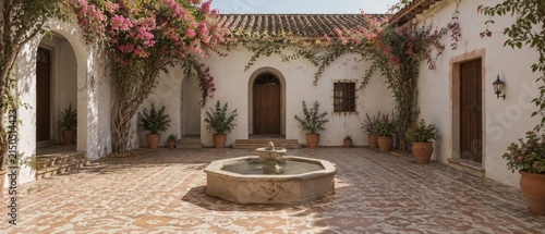 Sunlit Mediterranean courtyard with central stone fountain, patterned terracotta tile floor, white stucco walls, arched wooden doors, potted plants and cascading bougainvillea vines.