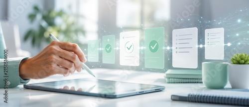 Hand using a stylus on a tablet with floating holographic checklists and document approval icons over a bright modern desk, illustrating digital task management and workflow.
