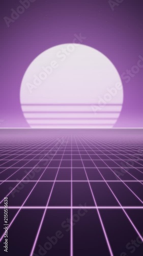 Retro 80s Synthwave Neon Grid and Sunset Horizon Seamless Loop in soft violet tones vertical 9:16