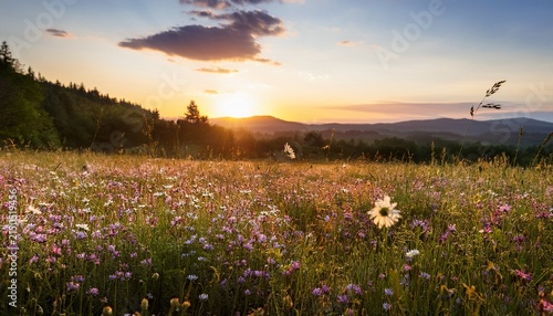A Serene Field Of Wildflowers Blooms During A Peaceful Sunset