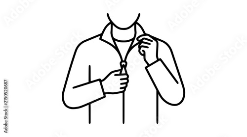 Line art illustration of a person zipping up a jacket or outerwear
