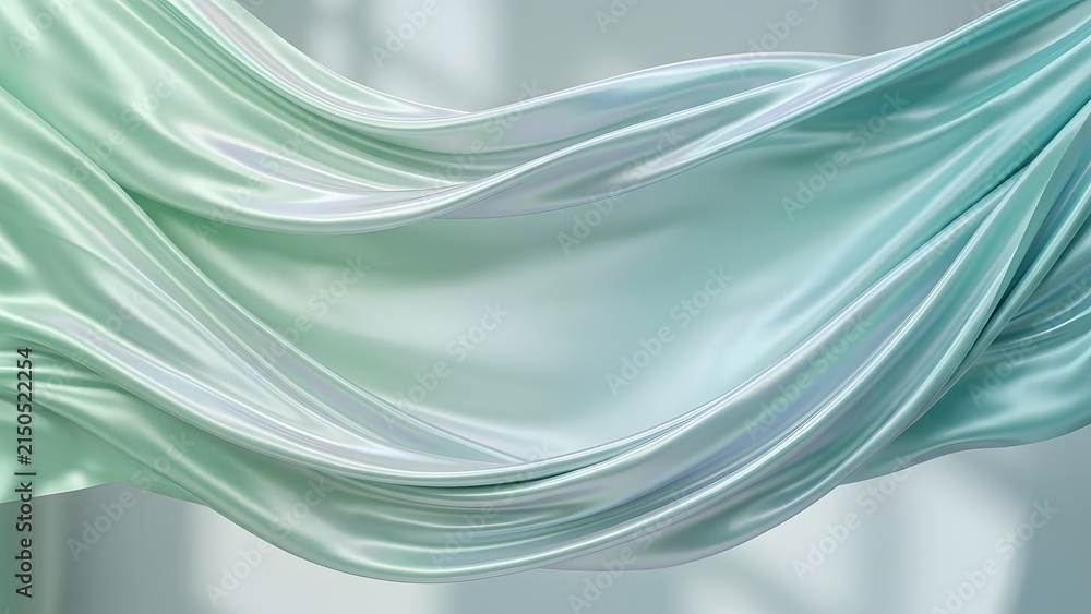 Obraz premium Flowing iridescent silk fabric with soft green and blue pastel gradient, creating elegant waves and gentle folds.